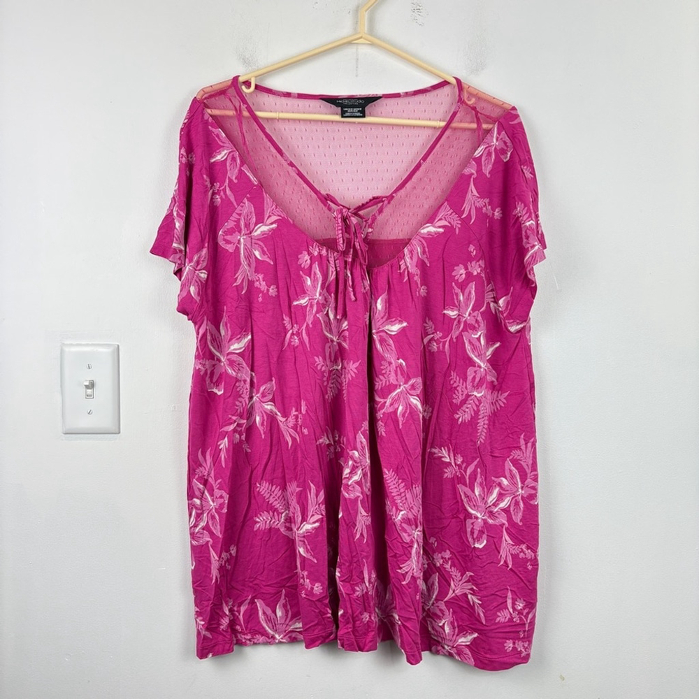 Michel Studio Pink Mesh Floral Tie Neck Blouse